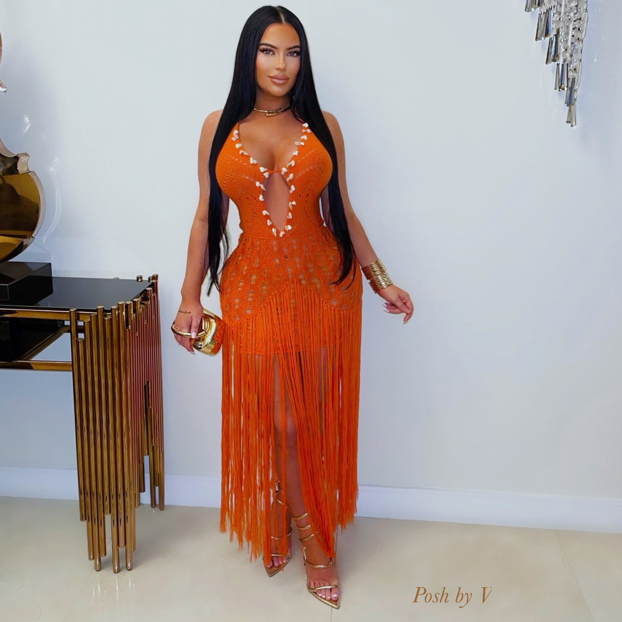 Villa crochet fringe dress (Orange)