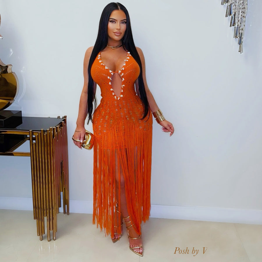 Villa crochet fringe dress (Orange)