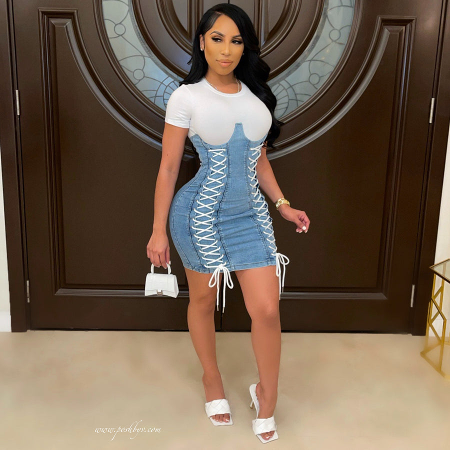 Tanice laced denim dress (Blue/white)