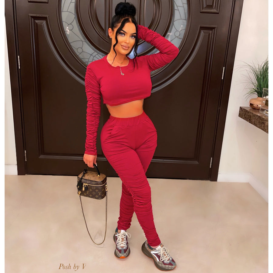 Davia ruched pants set (Wine)