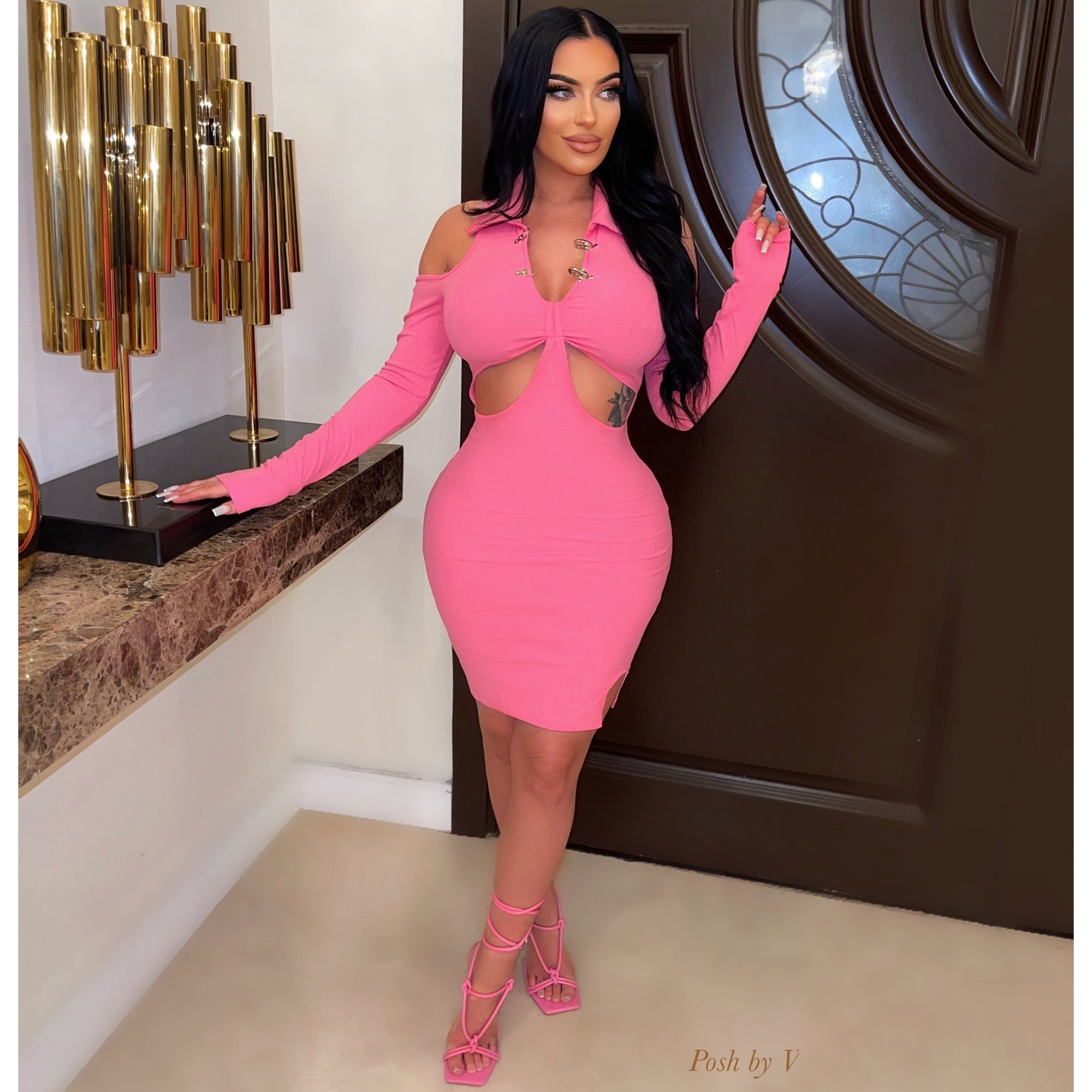 Ribbed Bodycon Dress - Pink - Ladies