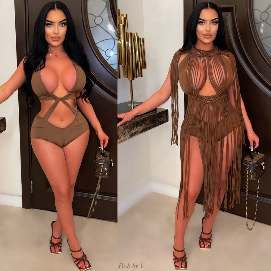 Bahia monokini/ tassel dress set (Brown)