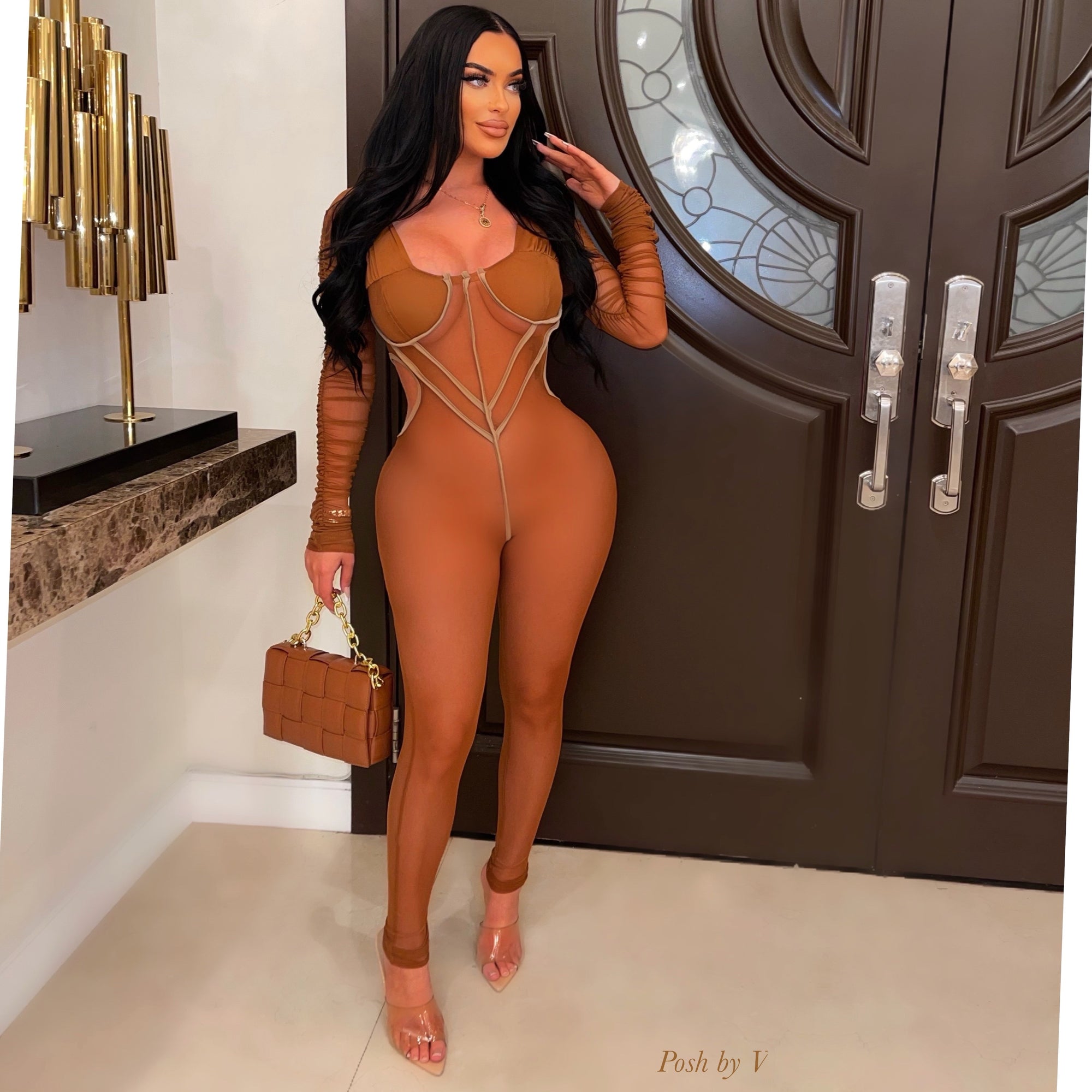 Sade corset mesh jumpsuit (Brown)