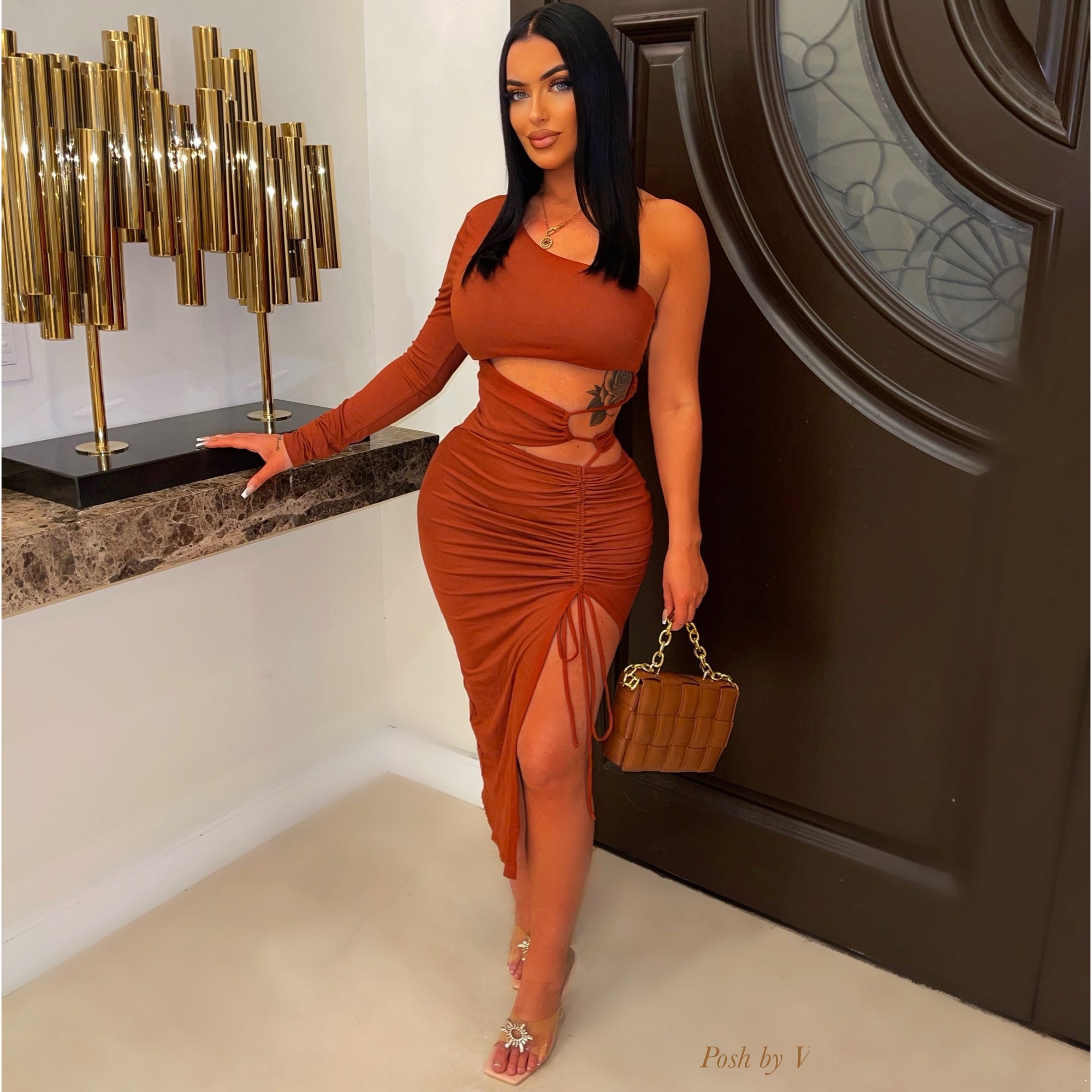 rust ruched dress Women's Rust Satin One Shoulder Ruched Mini Dress