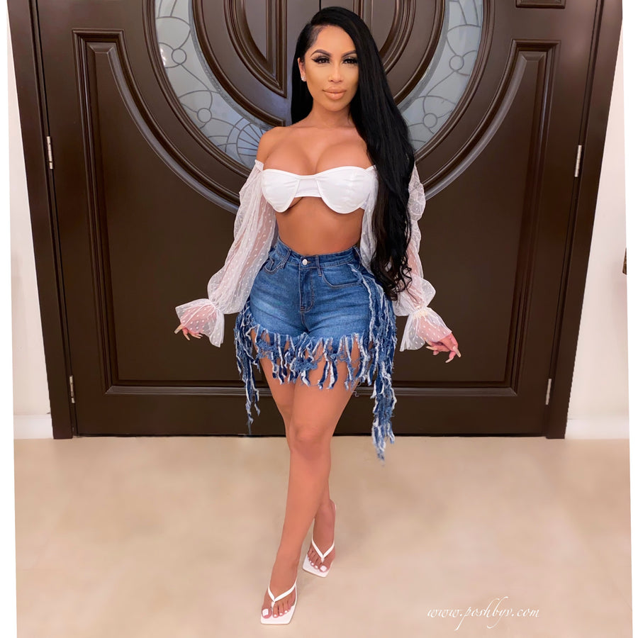 Jess fringe jeans shorts (Dark wash)