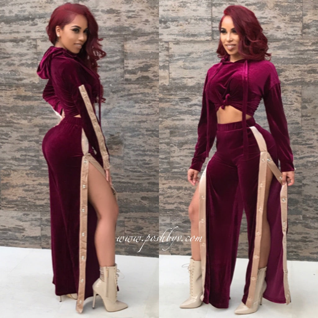 Velvet Snapped Pants Set (Wine)