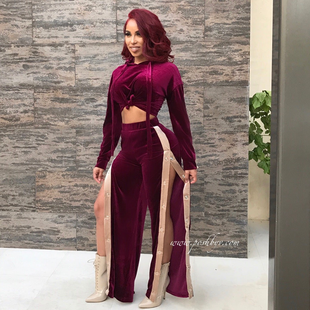 Velvet Snapped Pants Set (Wine)